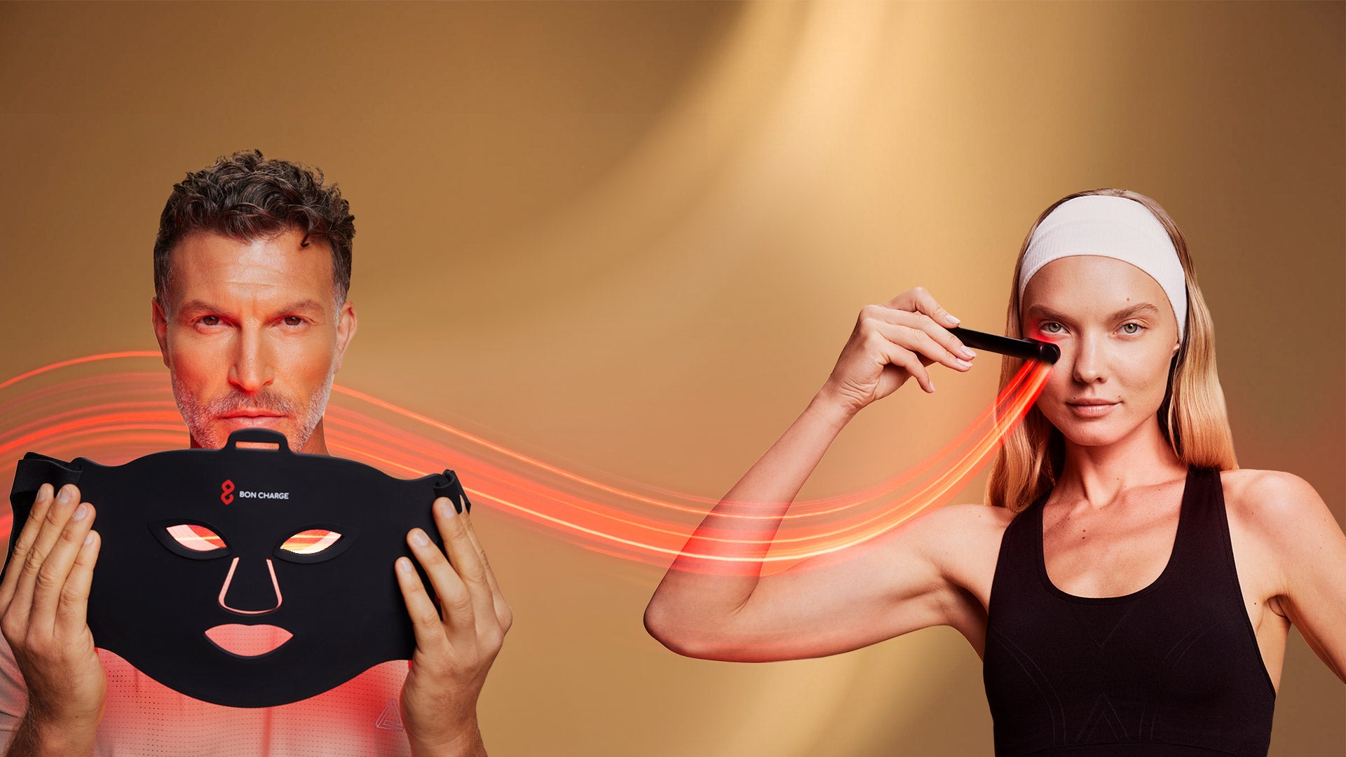 Male and Female Holding Red Light Mask and Wand With Red Light Sweeping Across
